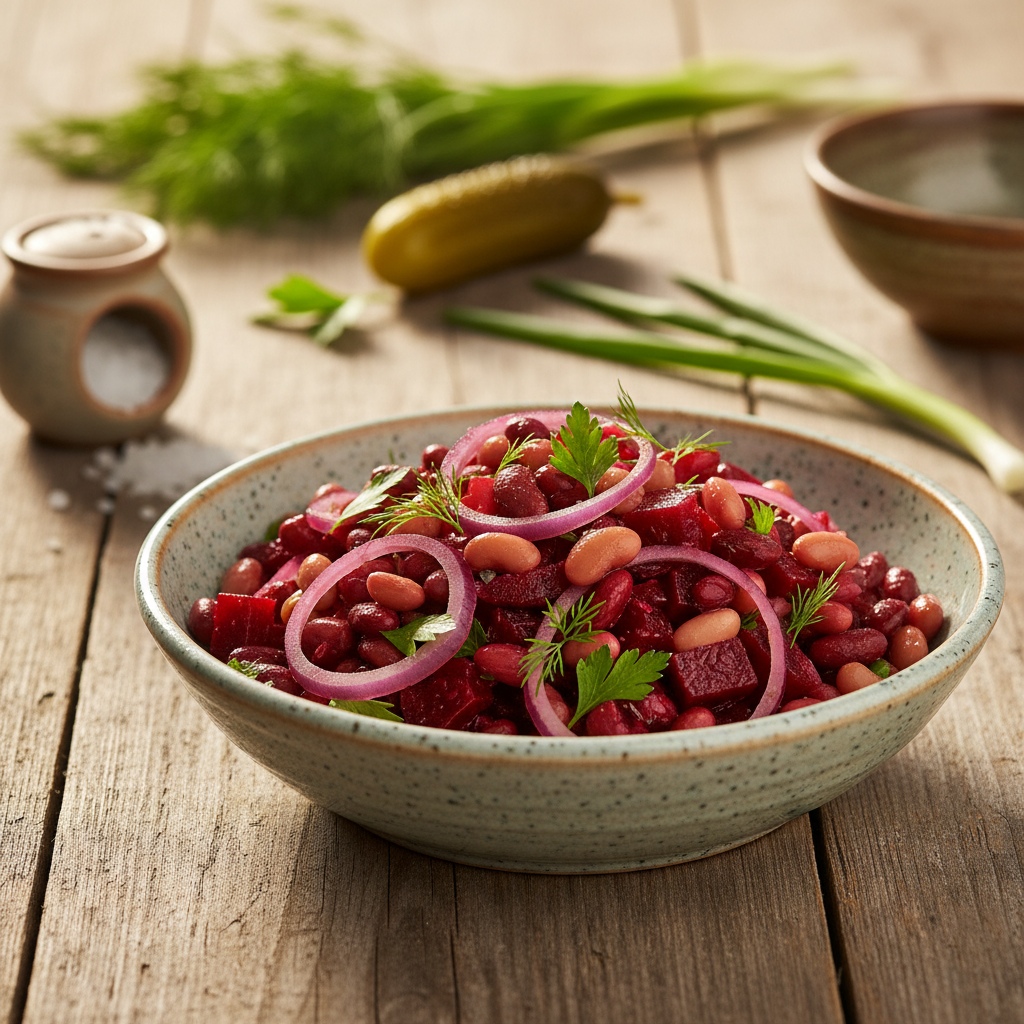 Kaip pasigaminti gardžią raudonųjų burokėlių mišrainę su pupelėmis namuose